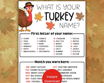 What's Your Turkey-naamspel voor kinderen direct downloaden, afdrukbare Turkije-naamgenerator, activiteit Thanksgiving-diner, klasspel