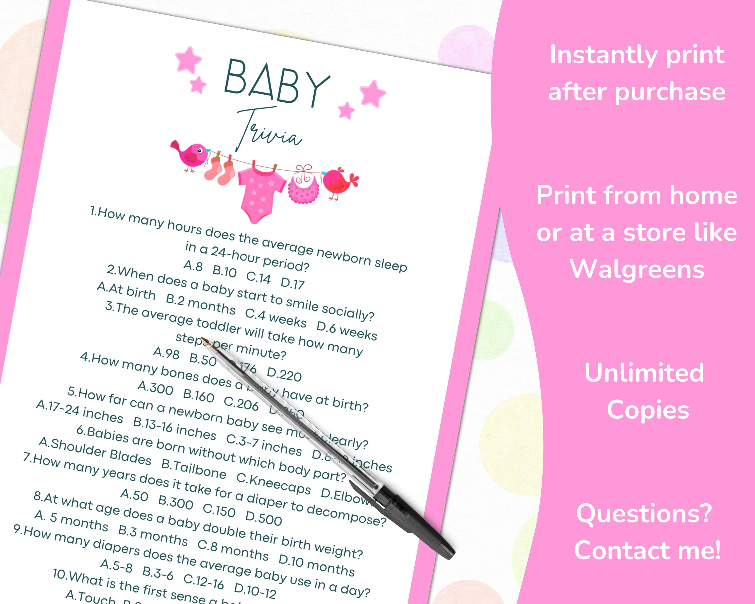 Girl Baby Shower Printable Baby Trivia & Answer Key, Pink Baby Shower