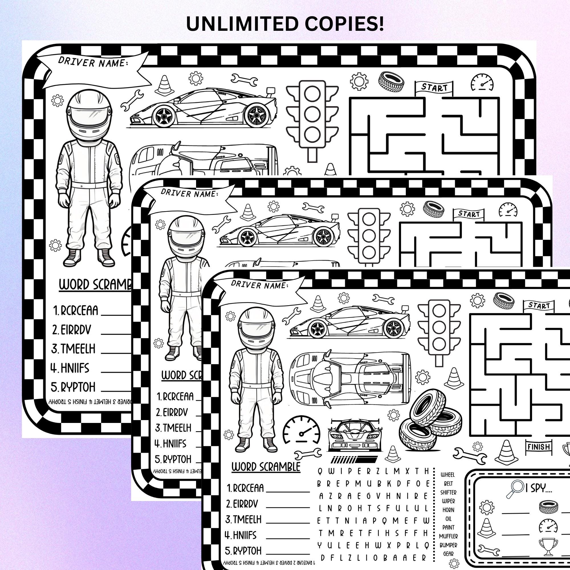Race Car Coloring & Activity Page for Boys, Printable Birthday Activity