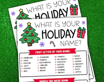 May include: Two white sheets of paper with the text "WHAT IS YOUR HOLIDAY NAME?" are displayed. The sheets feature a Christmas tree graphic, gift boxes, and a candy cane. A chart lists holiday-themed names based on the first letter of your name.