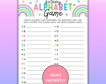 Birthday Alphabet Game For Girls Instant Download, Printable A-Z Icebreaker Game, Teen Tween Party Activity, Sweet 16