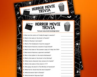 Horrorfilm Trivia afdrukbare Halloween-feestactiviteit direct downloaden, Halloween-spel voor kinderen en volwassenen, Halloween-kantoorfeest werkspel
