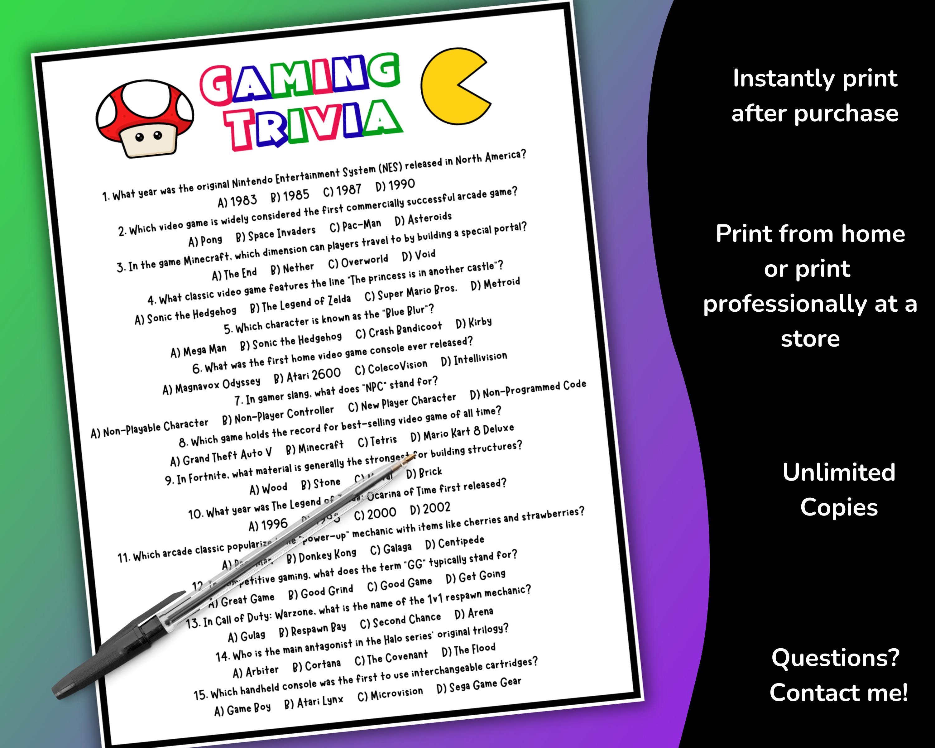 Video Game Trivia Instant Download, Printable Gamer Quiz, Video Game ...