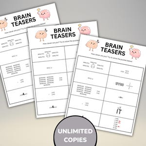 May include: Three white sheets of paper with the text "BRAIN TEASERS" and brain illustrations. Each sheet contains puzzles with words and symbols. The bottom of the image has a circular graphic that says "UNLIMITED COPIES".