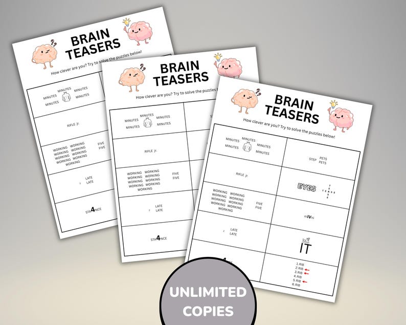 May include: Three white sheets of paper with the text "BRAIN TEASERS" and brain illustrations. Each sheet contains puzzles with words and symbols. The bottom of the image has a circular graphic that says "UNLIMITED COPIES".