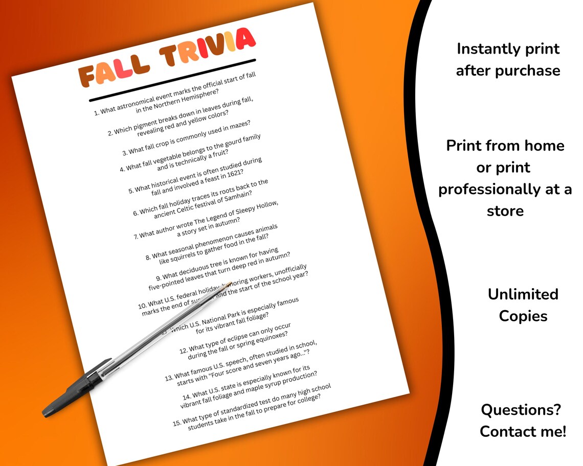 Printable Fall Trivia Game, Fall Game for Kids and Adults, Autumn ...