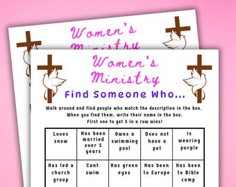 May include: A printable game for a women's ministry event. The game is called "Find Someone Who..." and has a grid of squares with different prompts. The game is designed to be played by walking around and finding people who match the descriptions in the squares.