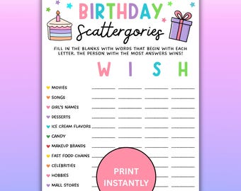 Birthday Scattergories Party Game Instant Download, Printable Birthday Activity For Girls, Tween Ice Breaker,