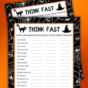 May include: Halloween-themed game sheets with a black cat, witch hat, and spiderweb design. The text "THINK FAST" is displayed at the top, with categories like "Scary Movies" and "Chocolate Bars" listed below. The sheets are printed on white paper with black and orange accents.