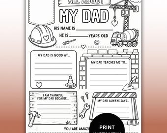 Construction All About My Dad Coloring & Activity Keepsake For Father's Day or Birthday, Printable Blue Collar Builder Gift Activity For Dad