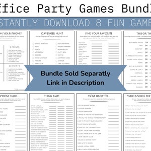 K&ouml;nnte beinhalten: Ein druckbarer Satz von acht B&uuml;ropartyspielen. Die Spiele beinhalten "Was ist auf deinem Handy?", "Schnitzeljagd", "Finde deinen Favoriten", "Das oder Das?", "Finde jemanden, der...", "Denke schnell", "Am wahrscheinlichsten...", und "Wer kennt den Chef am besten?"