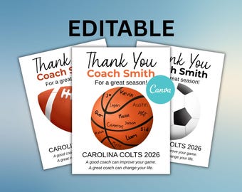 Editable Coach Appreciation Award Keepsake Instant Download, Printable Coach Gift From Team, Player Signature, Basketball, Soccer, Football