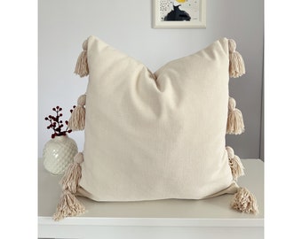 Off White Linen Throw Pillow Cover, Pom Pom Tassel Pillow Cover, Outdoor Pillow Cover, Beige Boho Tassel Throw Pillow Cover, Christmas Gift