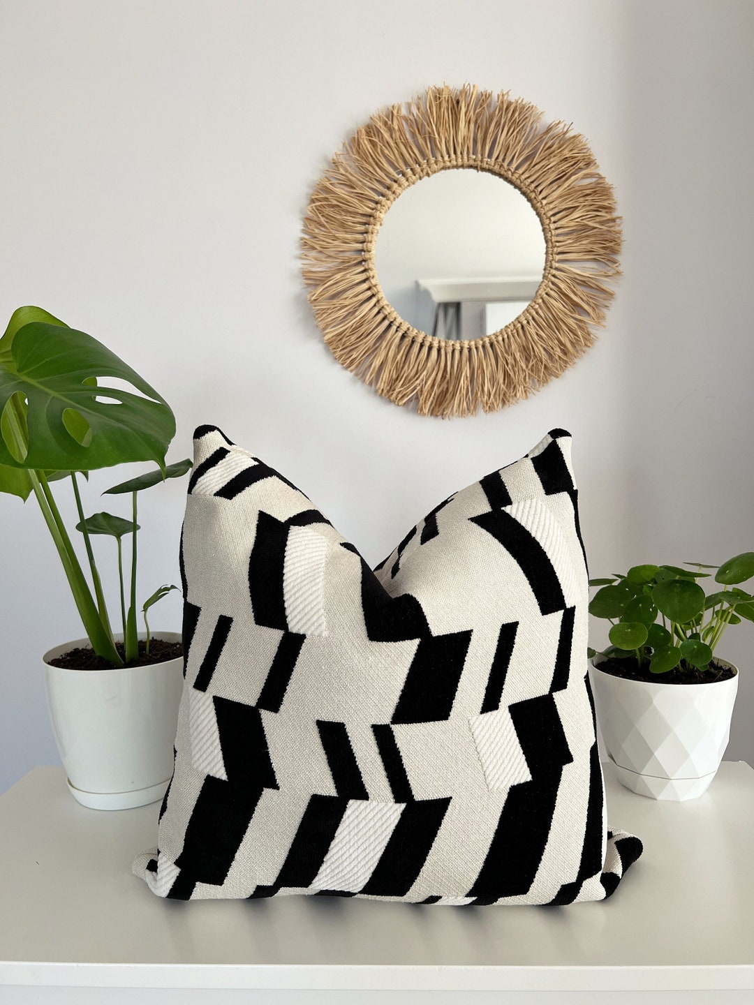 Black and White Linen Throw Pillow, Minimalist Home Decorations