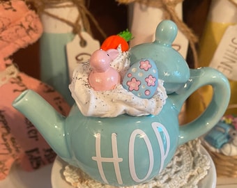 Blue Easter Bunny Tiered Tray Decor Mini Teapot and Basket Set