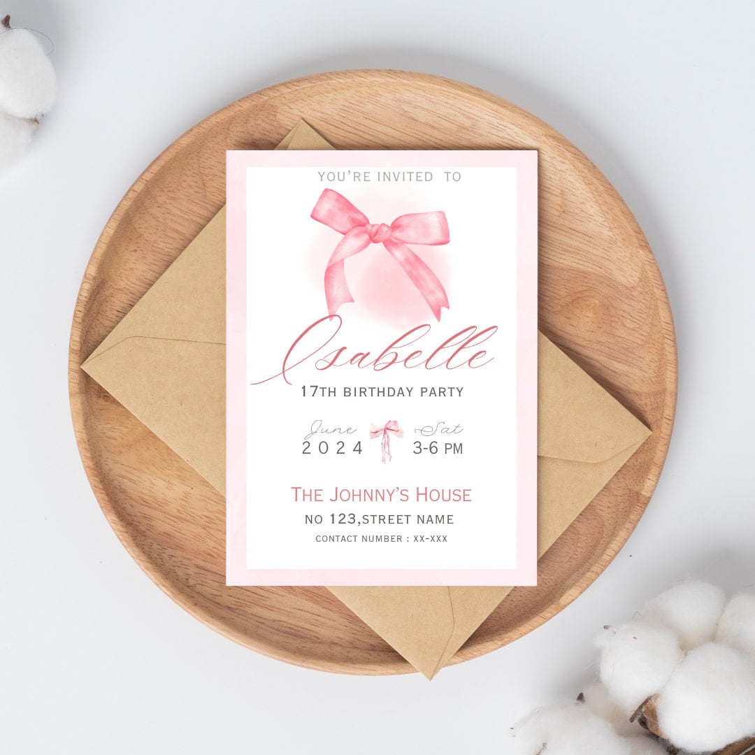 Editable COQUETTE Invitation Template Pink Bow Watercolor Pink Bows Editable COQUETTE Invitation Template Pink Bow Watercolor Pink Bows