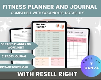 May include: A digital fitness planner and journal template with a pink and green colour scheme. The template includes a workout planner, a fitness evaluation chart, and a journal section. The text "50 pages planner and worksheet" and "31 pages journal" are visible. The text "Edit in Canva" is also visible in a purple circle with a star.