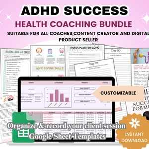Plr ebook bundle  ADHD success & ADHD Coach template, adhd google sheet, Wellness Coach, mental health coaching PLR bundle