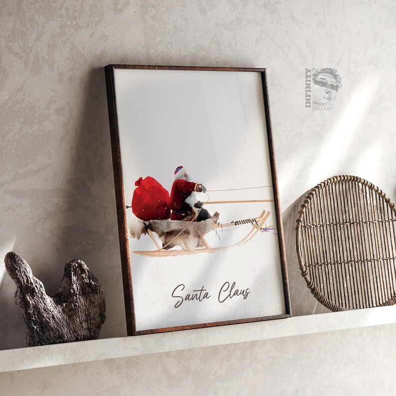 Set of 3 Christmas Santa Claus with a sleigh Prints Xmas image 3