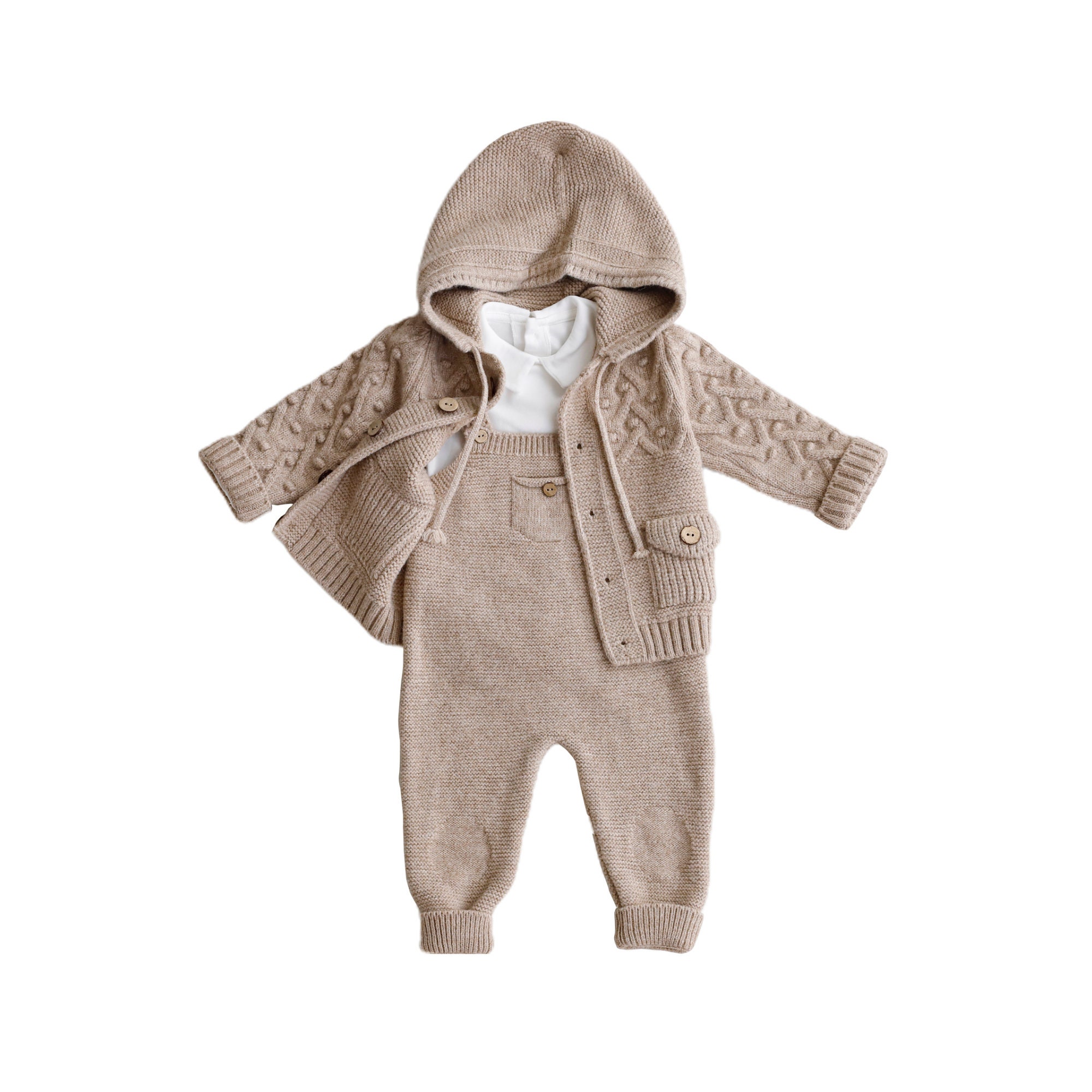 Merino Wool Knitted Baby Clothing Set With Baby Cardigan and Romper ...