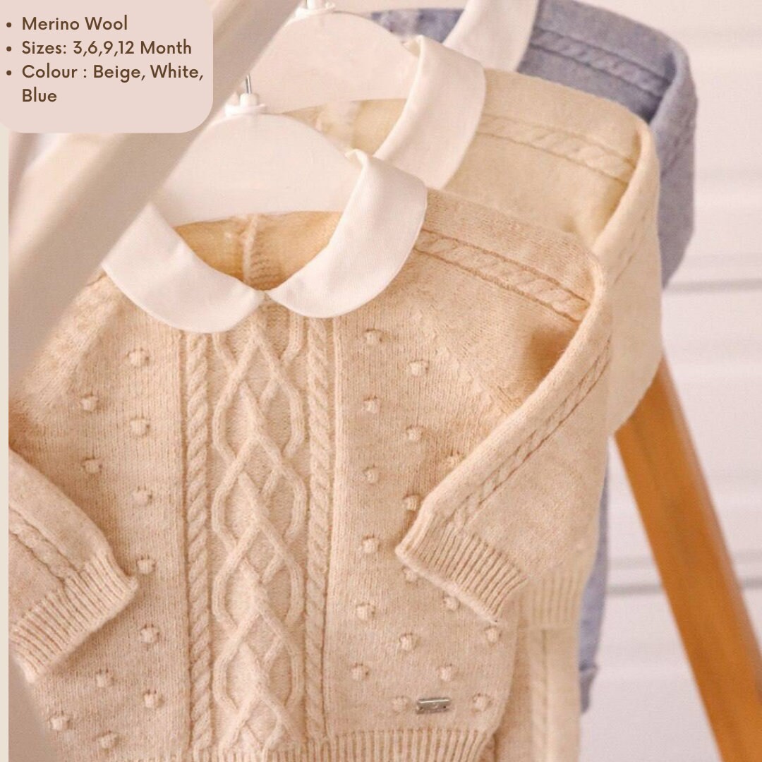 Merino Wool Knitted Baby Clothing Set With Baby Sweater and Pants