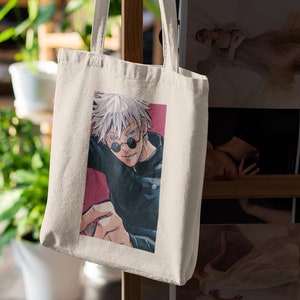 Jujutsu Kaisen Gojo Satoru Smiling At Camera Anime Canvas Bag Mock Tote Lifestyle Mockup, Customizable Canvas Tote Mock