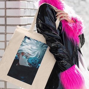 Jujutsu Kaisen Gojo Satoru With Blue Rose Anime Canvas Bag Mock Tote Lifestyle Mockup, Customizable Canvas Tote Mock