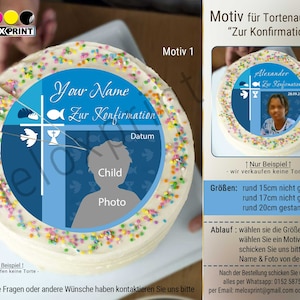 Tortenaufleger &quot;Zur Konfirmation&quot; personalisiert  mit Name, Datum & Foto. Edible photo for cake