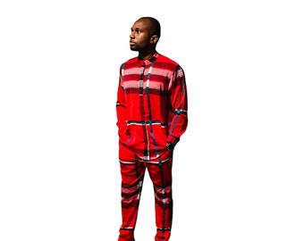 RED Plaid  Two Piece Button Up and pants Loungewear Set • Mens pants set • Cute Loungewear Matching Set • Leisure Wear
