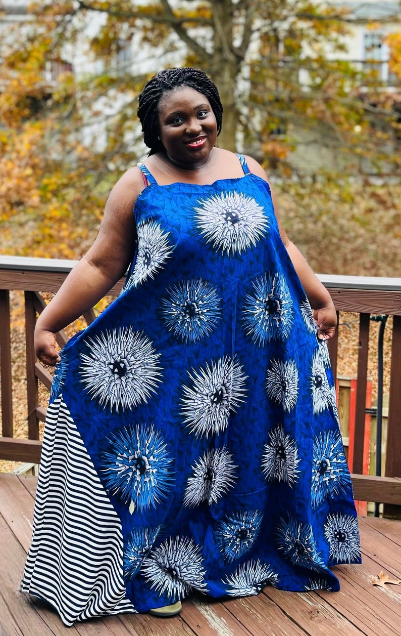 Plus size African print maxi dress, Ankara Maxi Dress, African Print Clothing, Ladies Long spaghetti strap summer Kaftan Dress, image 2