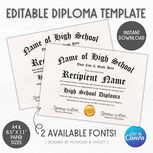 Abitur, Homeschool-Diplom, bearbeitbare Diplomvorlage, GED-Diplom, druckbare Urkunde mit Siegel, Diplomreplik, Canva