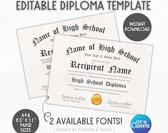 High School Diploma, Homeschool Diploma, Editable Diploma Template, GED Diploma, Printable Certificate With Seal, Diploma Replica, Canva