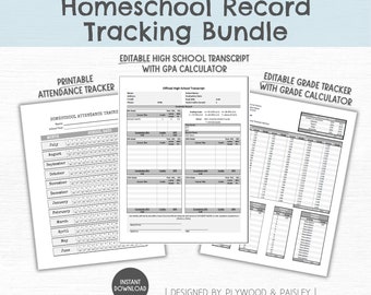 Homeschool Transkript, Noten-Tracker, & Anwesenheits-Bundle | Bearbeitbare Vorlage, GPA-Rechner, druckbarer Schulplaner, einfache Homeschool