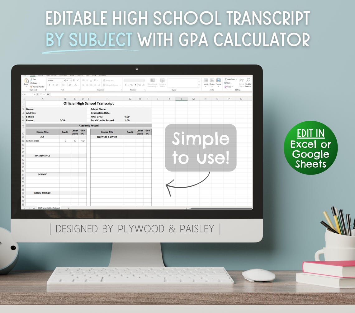 Editable High School Transcript Template BY SUBJECT, GPA Calculator ...