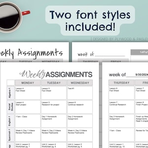 May include: A printable weekly assignment planner with two different font styles. The planner is divided into days of the week, with space for assignments, homework, and class notes. The planner includes the date 9/30/2024.