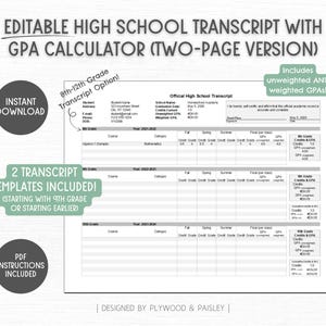 Op de afbeelding: Bewerkbare middelbare school transcript sjabloon met GPA calculator. Inclusief een versie van twee pagina's, een optie voor 8e-12e klas transcripten en ongewogen en gewogen GPA's. Direct downloaden, twee transcript sjablonen en PDF instructies.