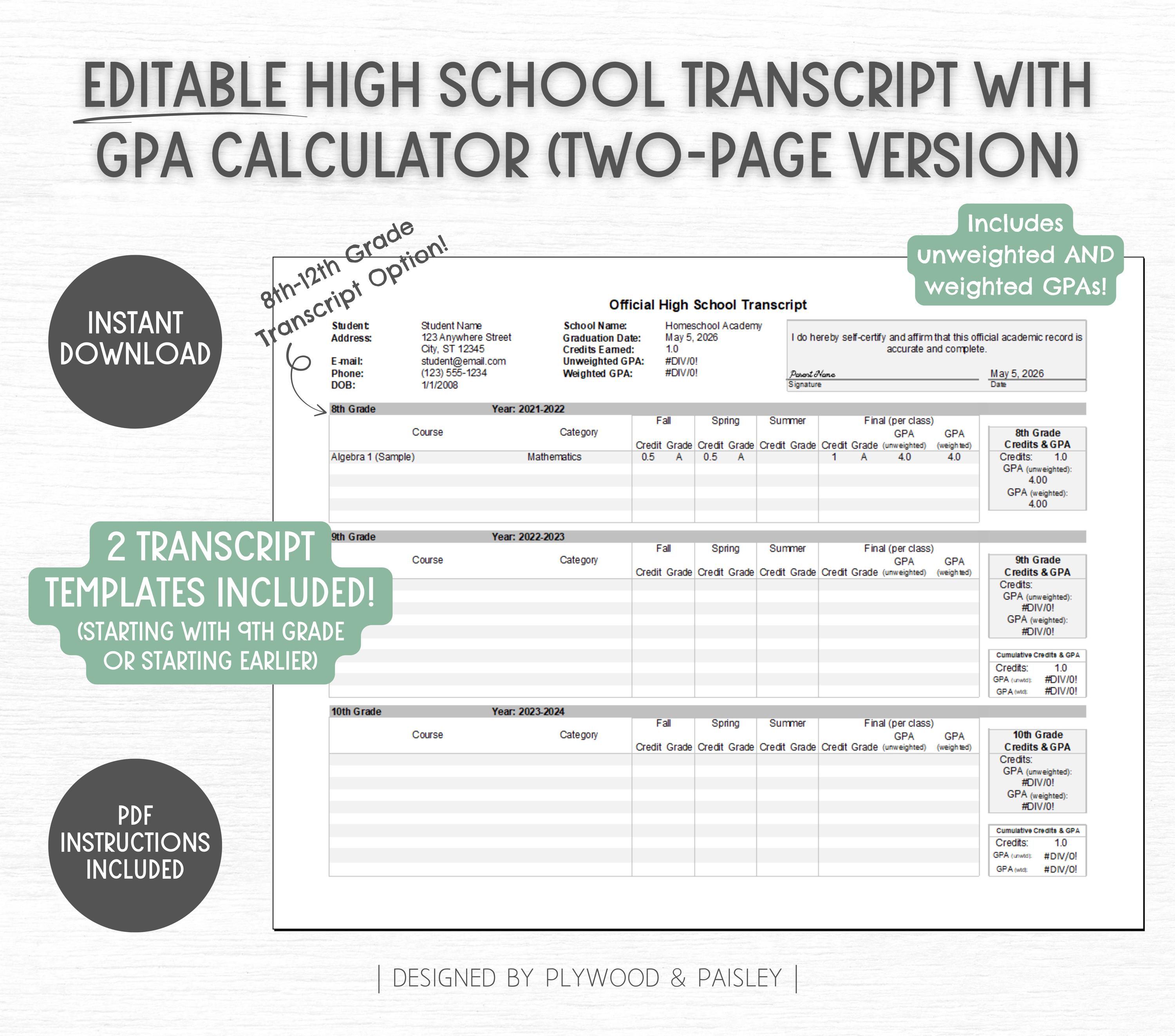 High School Transcript With GPA Calculator | Editable | Homeschool ...