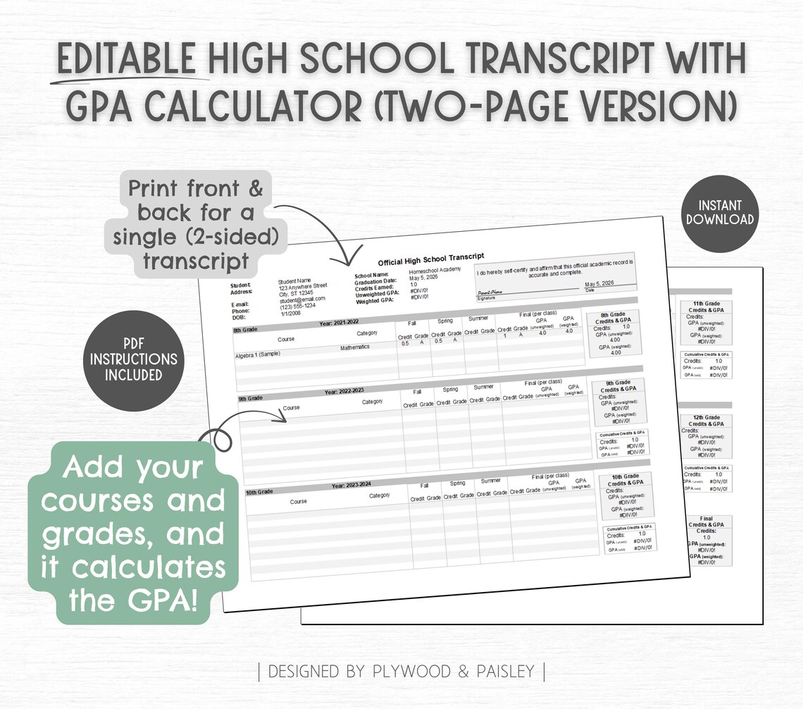 High School Transcript With GPA Calculator | Editable | Homeschool ...