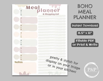 Boho afdrukbare maaltijdplanner en boodschappenlijst, wekelijkse maaltijdplanner, boodschappenlijst, eenvoudig weekmenu, mooie en stijlvolle weekplanner