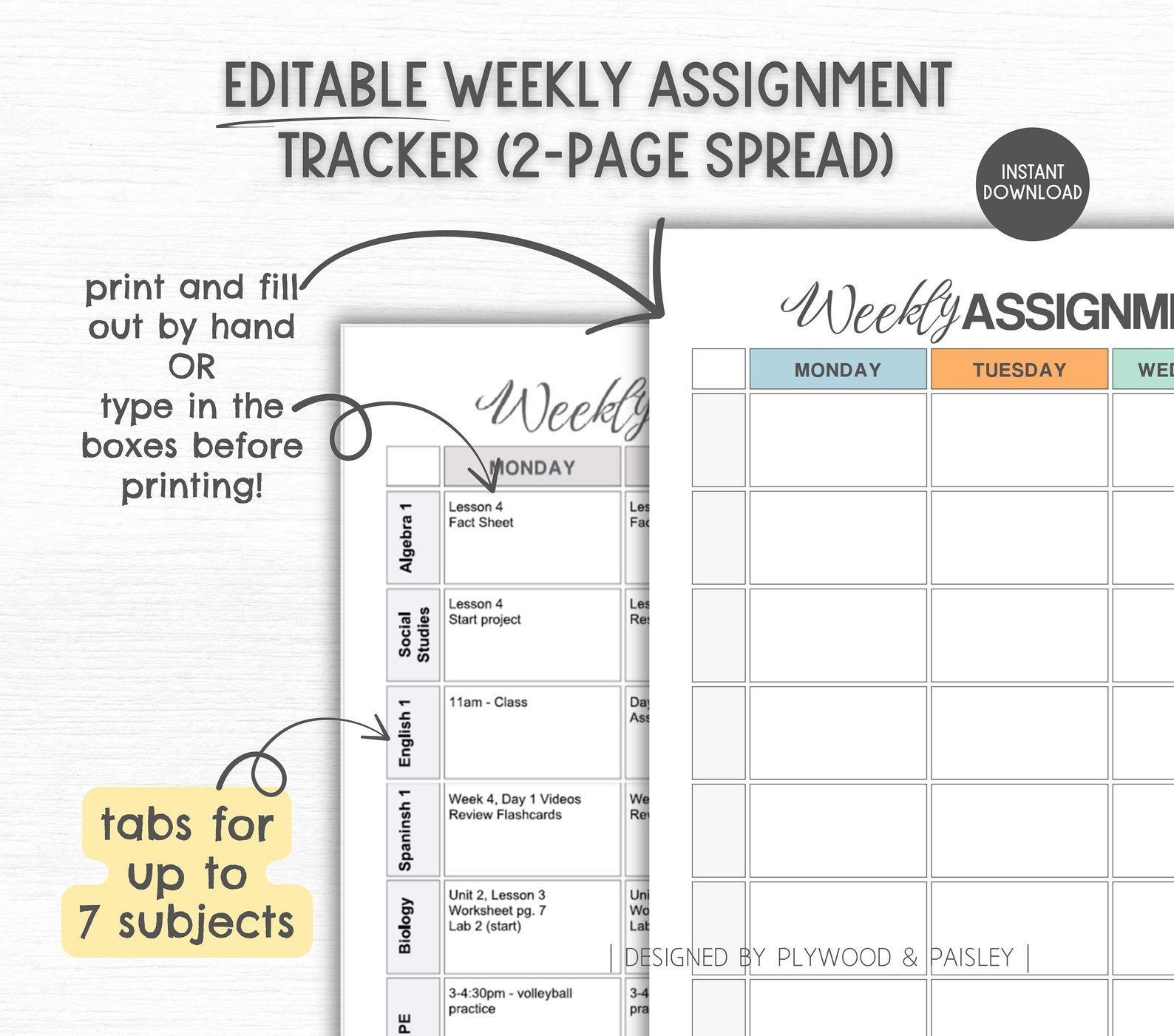 EDITABLE Weekly Assignment Tracker, 2 Pages, Printable, Homeschool ...