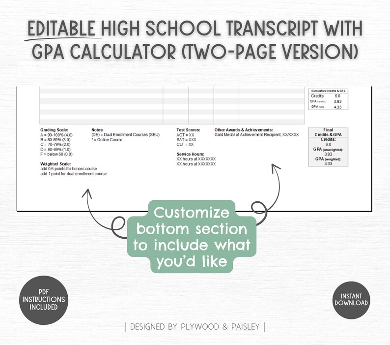Transcript Scale High School Transcript With GPA Calculator | Editable | Homeschool ...