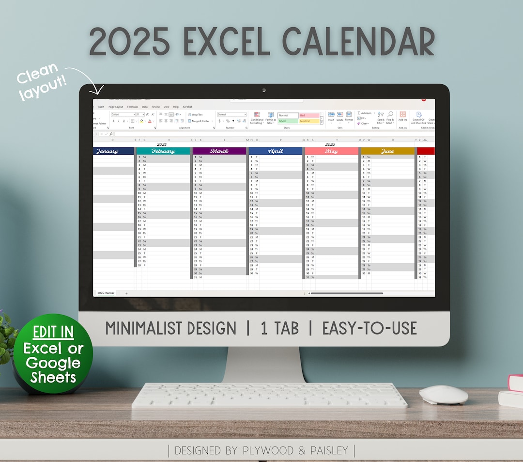 2025 Excel Calendar Monthly Calendar 2025 Year Planner 2025 Editable