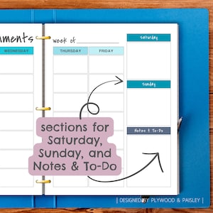 May include: A weekly planner with sections for Wednesday, Thursday, Friday, Saturday, Sunday, and Notes & To-Do. The planner has a blue and white color scheme.