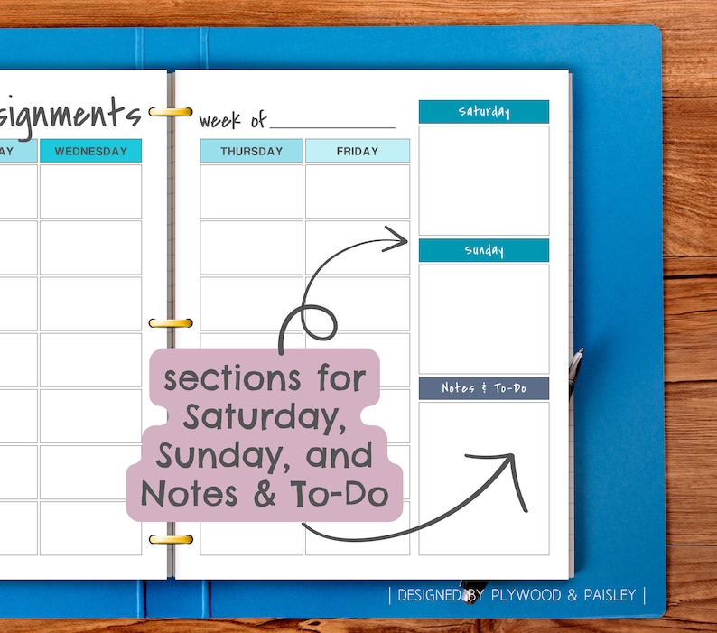 May include: A weekly planner with sections for Wednesday, Thursday, Friday, Saturday, Sunday, and Notes & To-Do. The planner has a blue and white color scheme.