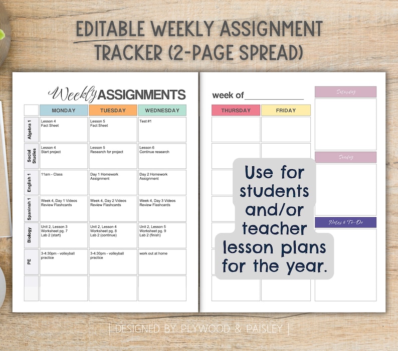 May include: A printable weekly assignment tracker for students or teachers. The tracker is designed to be used for a two-page spread and includes sections for Monday through Friday, as well as a notes section. The tracker is designed to be used for a full school year.