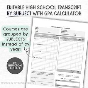 Bearbeitbare High School Tranript-Vorlage NACH FACH, GPA-Rechner, Homeschool Tranript, druckbar, Excel High School Tranript-Vorlage