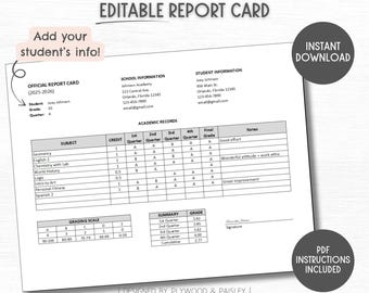 Editable Report Card, Homeschool Report Card, High School Report Card, Middle School Report Card, Official Report Card, Quarterly, Printable