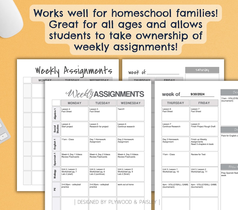 May include: A black and white printable weekly assignment planner for homeschool families. The planner includes sections for Monday through Saturday, with space for subjects like Biology, Spanish, English, Social Studies, Algebra, and PE. The planner is designed by Plywood & Paisley.