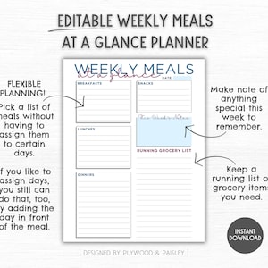 Planificateur de repas hebdomadaire imprimable MODifiable avec liste de courses, notes, routine hebdomadaire, agenda flexible, planificateur de menus, imprimable, préparation de repas