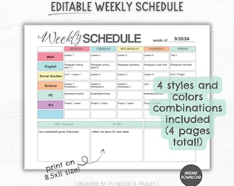 EDITABLE Weekly Schedule, Assignment Planner, Printable, Homeschool Planner, Middle School, High School, Homeschool Agenda, Personalize, PDF